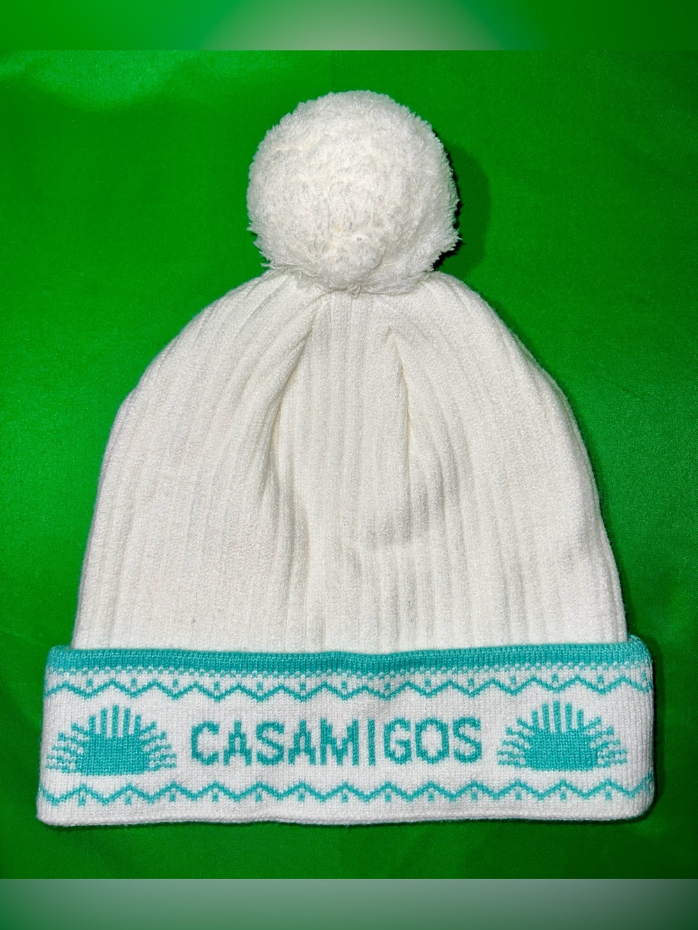 White Knit Pom BEANIE with Teal Trim CASAMIGOS Blanco Tequila 🥃🌵